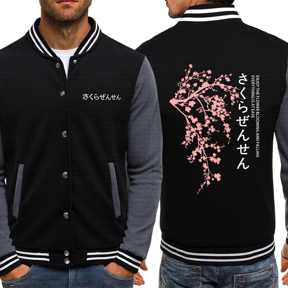 

Japanese Cherry Blossoms In Tokyo Print Baseball Jackets Men Fleece Oversized Streetwear Fashion Y2K Jersey Casual Tops Man