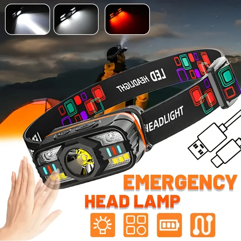 LED Headlamp  6 Modes Hands-Free Headlight with COB Floodlight Red Strobe USB Rechargeable Head Flashlight Adjustable Angle
