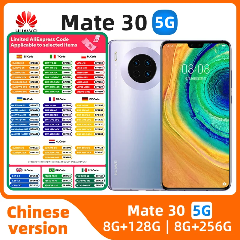 HUAWEI Mate 30 Smartphone 5G 40MP+24MP Camera 6.62 inch 256GB ROM 8GB RAM Mobile phones HarmonyOS 4200mAh NFC used phone