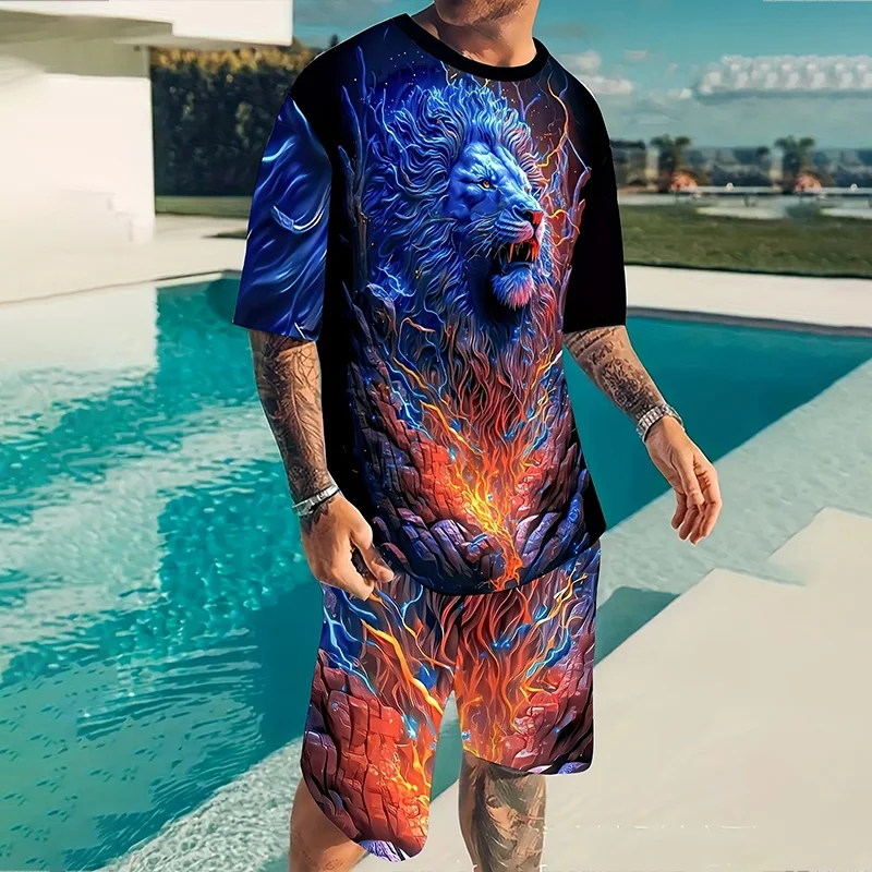 2024 Fashion New Street Retro Men's Suit Oversized Men's Loose Top Summer Casual Breathable Refreshing Suit Printed 3D Lion