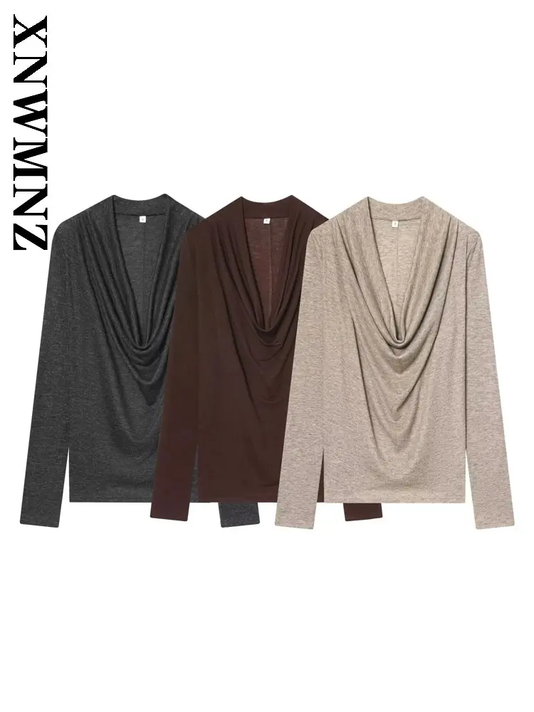 

XNWMNZ 2025 зимняя женская праздничная винтажная футболка с v-образным вырезом и длинными рукавами, морщинистая футболка, повседневные шикарные осенние женские богемные тонкие блузки