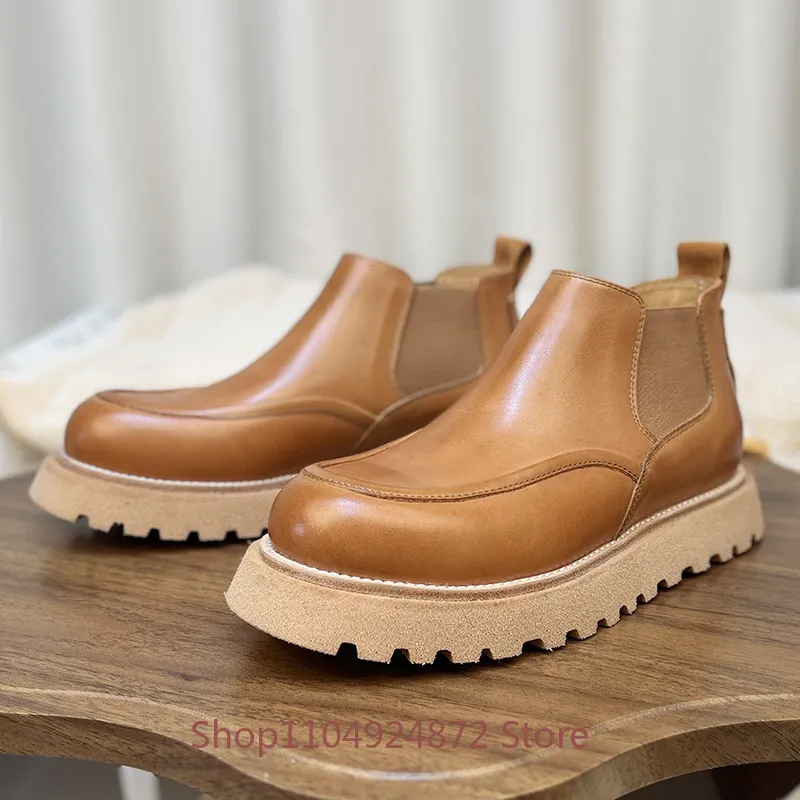 Botas Chelsea de Tobillo de Moda en Piel Vacuna Marrón Estilo Británico, Zapatos de Hombre con Plataforma, Suela Gruesa, Zapatos de Seguridad Casuales de Cuero Genuino