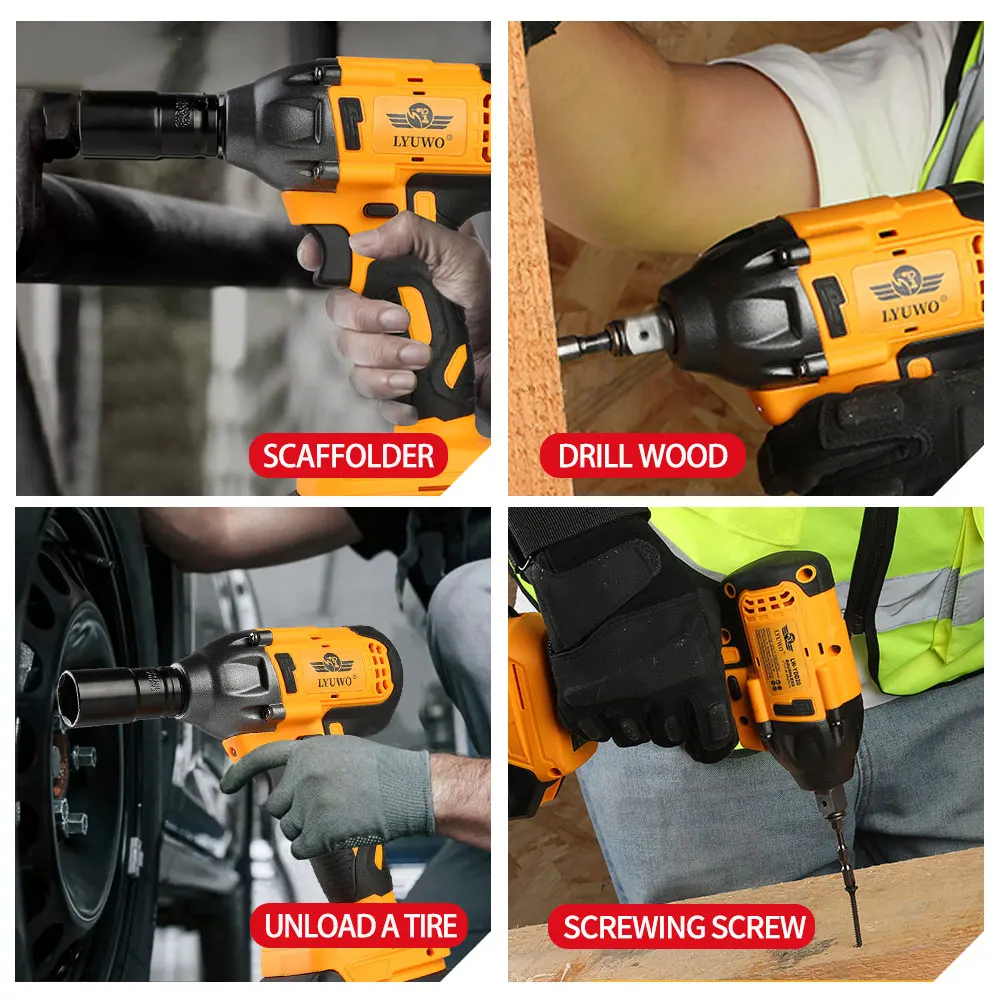 LYUWO Electric Wrench 520NM Brushless Electric Wrench High Torque Air Cannon Heavy Duty Automobile Repair High Power Impact Plat
