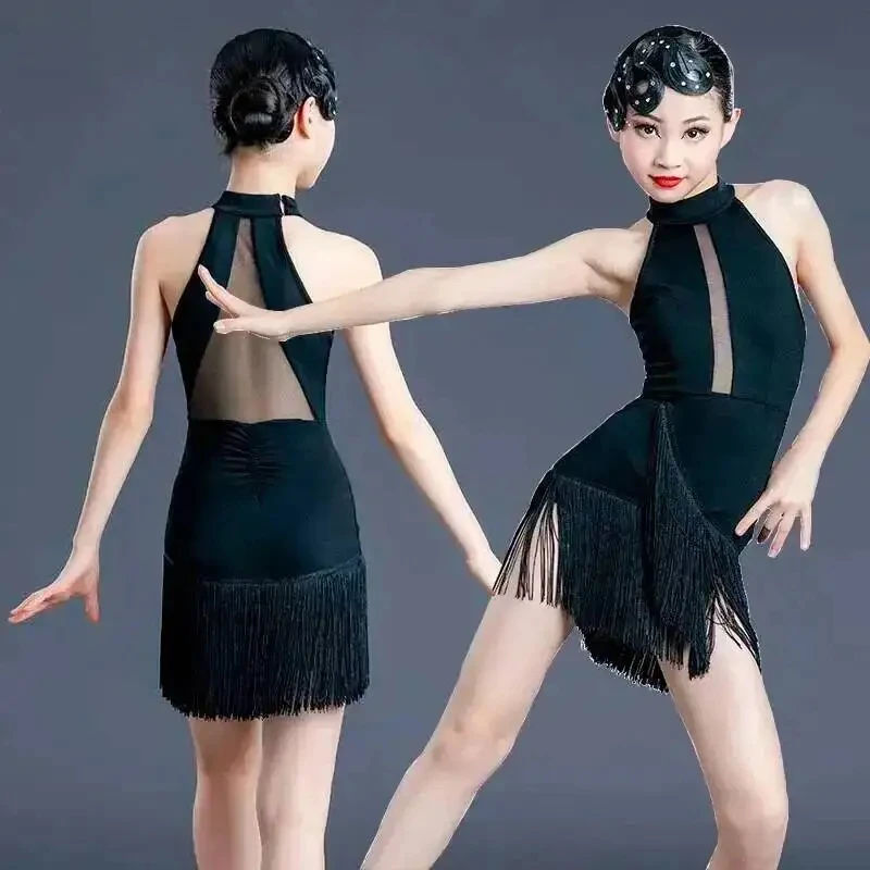 

♥2026 New Halloween Costume Cosplay Black mesh ballroom latin american Line dance fringed tassels dress samba cha competitio ★★★