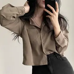 Korean Short Shirt Tops Spring New Long Sleeve Polo Neck Solid Color Loose All-match Youth Blouse Fashion Casual Women Clothing