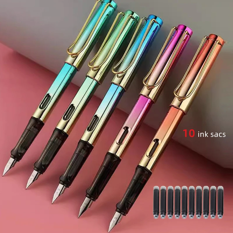 

10pcsPen + 100 Ink Sacs Gradual Color Gold Change Colorful Fountain Pens Posture Correction 0.38mm F Nib Business Signature For