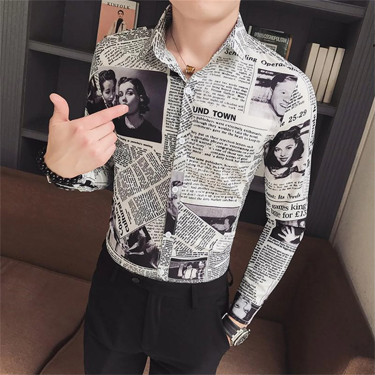 New 2026 Long Sleeve Shirts Men's 3D Printed Newspaper Pattern Roll-Neck Shirts Fashionable Street Casual Style Men's Shirts