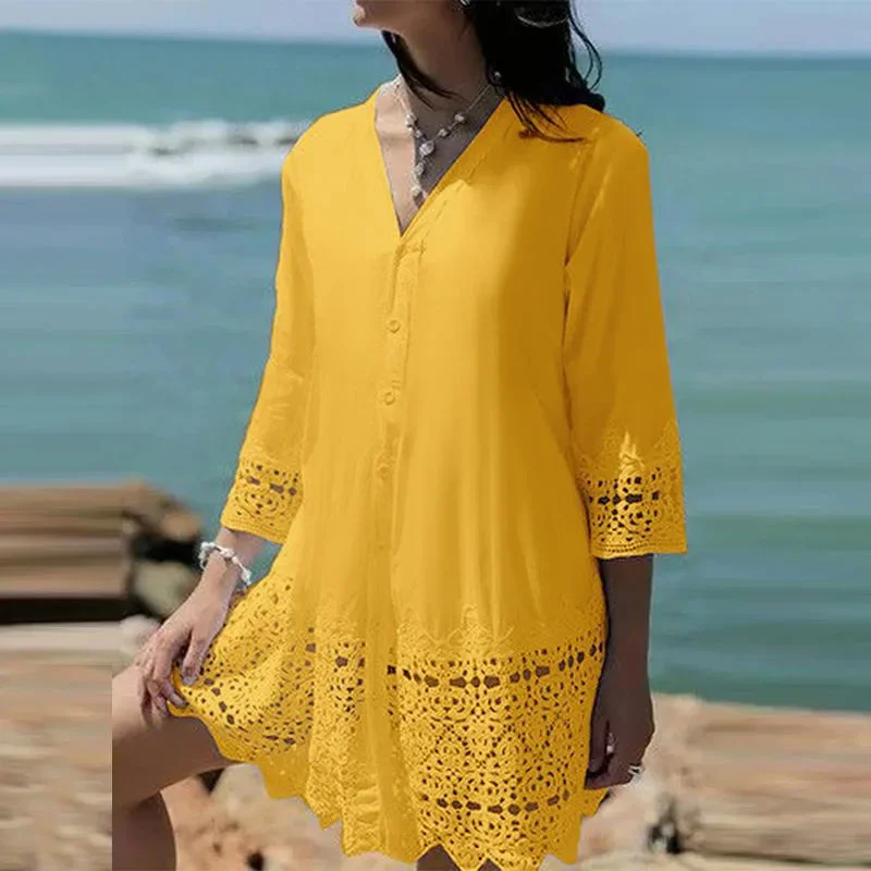 Women\'s S-3XL size Summer New Women\'s Shirt Dress European and American Sexy Hollow Lace Sun Protection Shirt Beach Dress