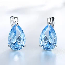 925 Sterling Silver Luxury Nano Gemstone Blue Simple Clip Earrings For Women On Earrings Water Drop Fine Jewelry Party Gifts