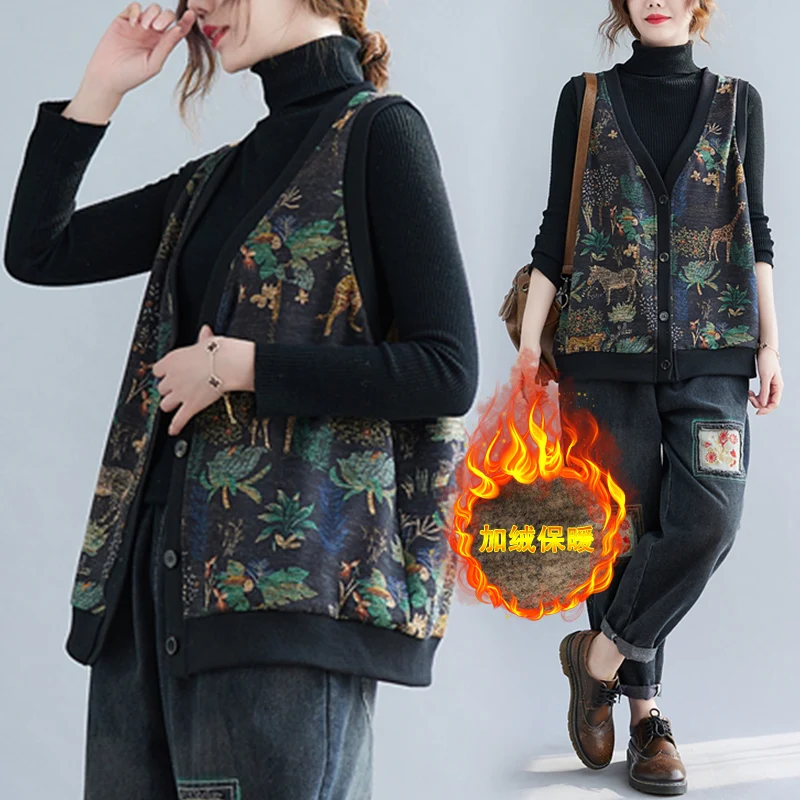 الرجعية طباعة Fce اصطف سترة دافئة ملابس خارجية حجم كبير المرأة المفتوحة سترة سترة صغيرة الخريف الشتاء الملابس سترة علوية