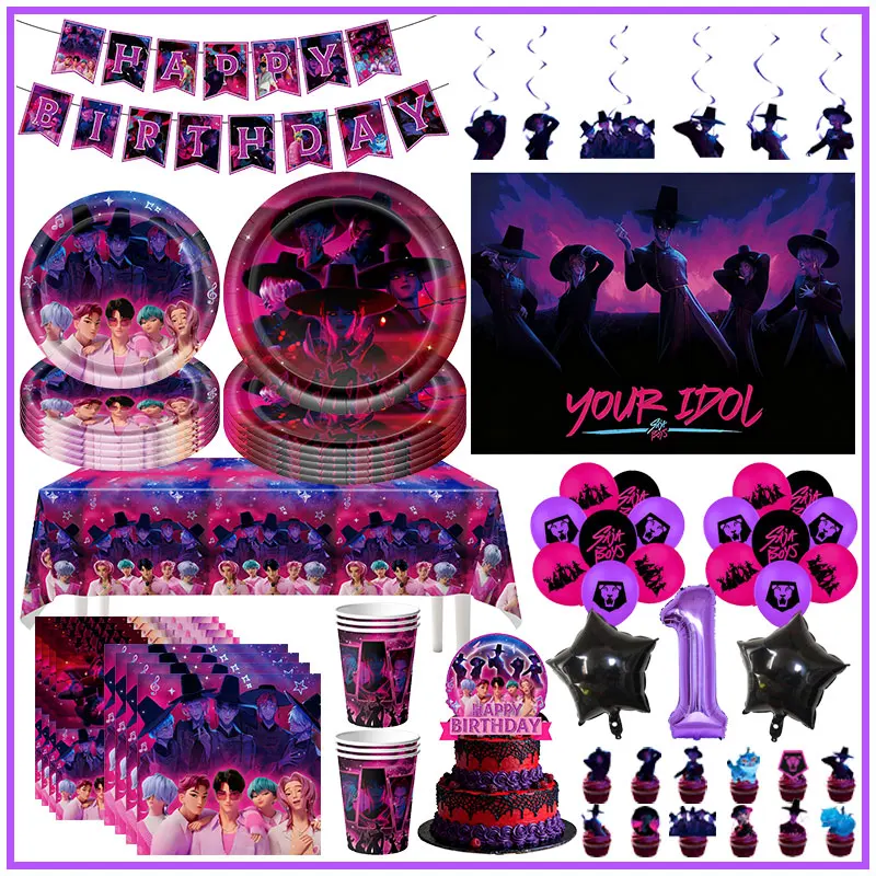 Saja – décoration de fête d'anniversaire pour garçons, idole Kpop chasseurs de démons, ensemble de vaisselle jetable, assiette, tasse, paille, fournitures de fête, ballon pour enfants