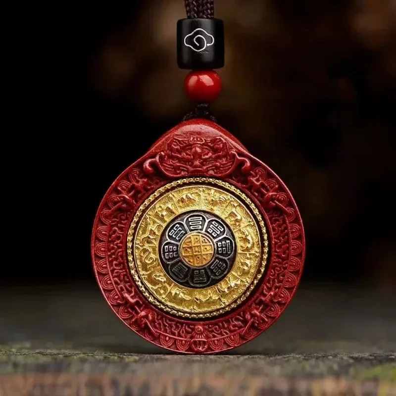 Natural Mineral Vermilion Sand Nine Eight Trigrams Pendant Necklace Jewelry Chinese Healing Women Men Lucky Gift Sweater Chain