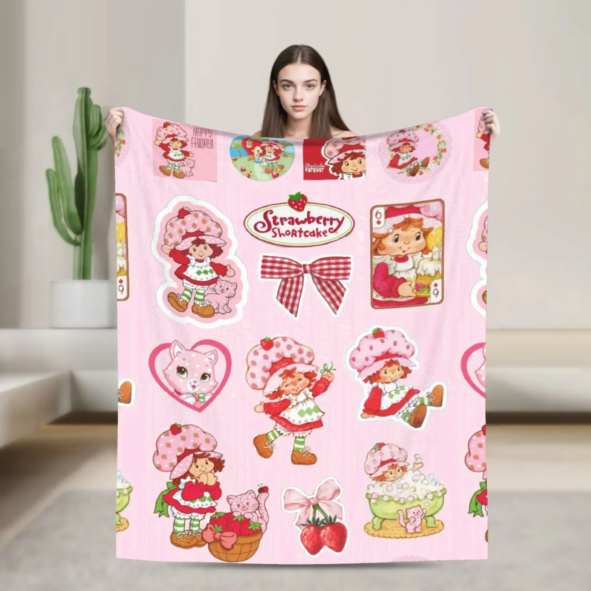 

Cute Strawberry Shortcakes Girl Plush Flannel Throw Blanket for Kids Boys Girls Super Soft Warm Bedspread Custom Quality