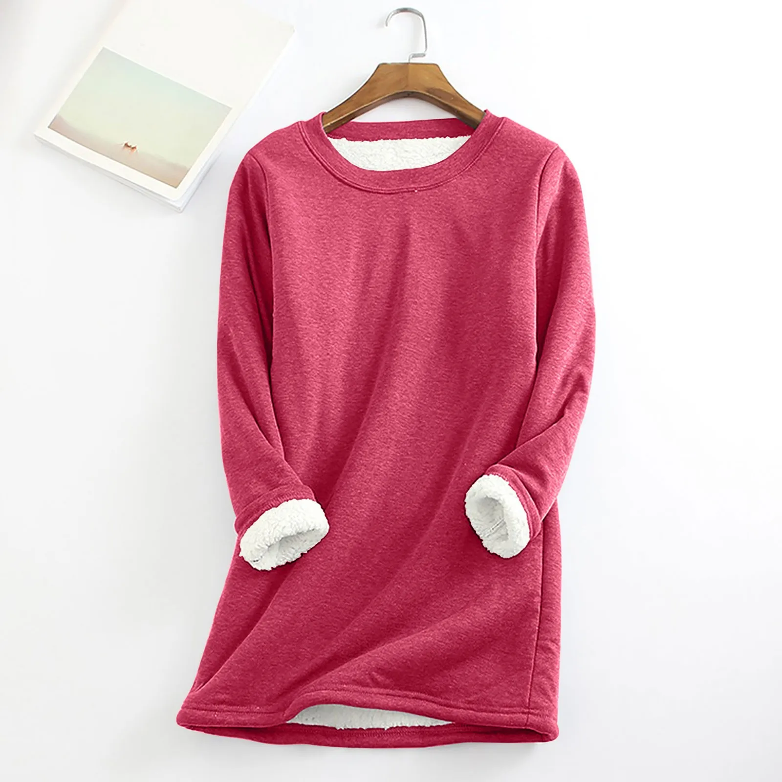 

Autumn Winter Tops For Women Undercoat Round Neck Solid Color Warm Long Sleeve Fleece Fuzzy Casual Slim Loose Fashion T-shirts