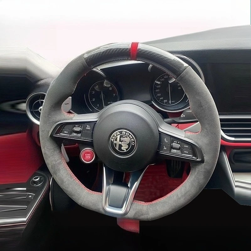 For Alfa Romeo Giulia Stelvio 2020-2022 Hand-Stitched High-Quality Non-Slip Suede Car Steering Wheel Cover