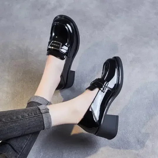5.5CM Women Thick High Heel Loafers Genuine Leather Round Toe Slip On Pumps 2025 Ladies Patent Leather Trend Casual Shoes image 5