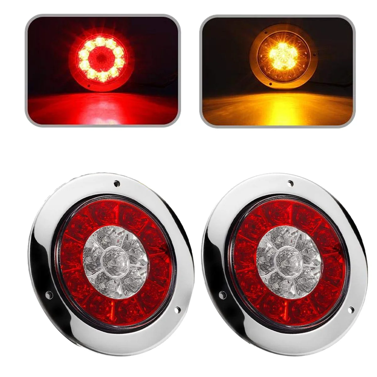 

2Pcs 4 Inch Round Truck Trailer LED Tail Stop Brake Lights Red and Amber Parking Turn Signal Lights for