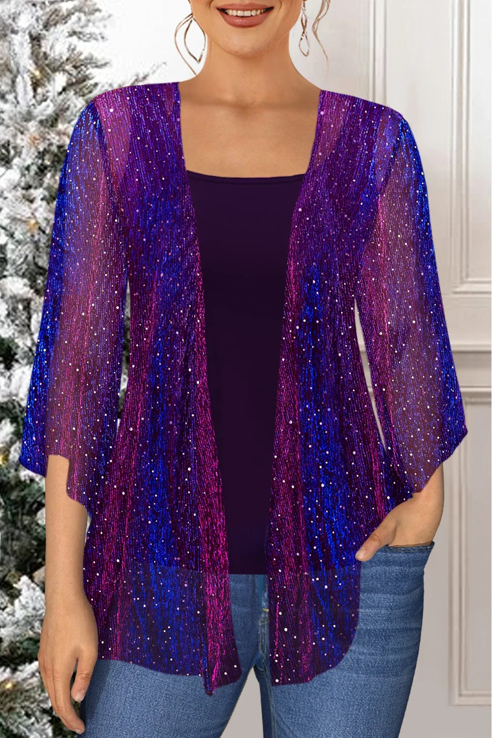 Flycurvy Plus Size Christmas Purple Sparkly Glitter Fabric Kimono Two Pieces Blouse Round Neck Women's Tops