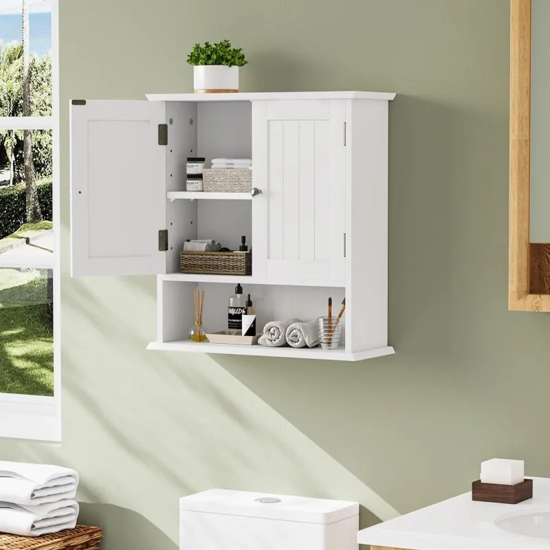 Bathroom Cabinet Wall Mounted with Towels Bar, Bathroom Medicine Cabinet with 2 Door Adjustable Shelves, Over Toilet Cabinet