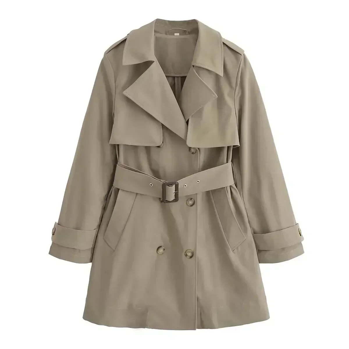 Trench-coat court à double boutonnage pour femme avec ceinture, manches longues, poche latérale, rétro, décontracté, nouvelle mode, 2024