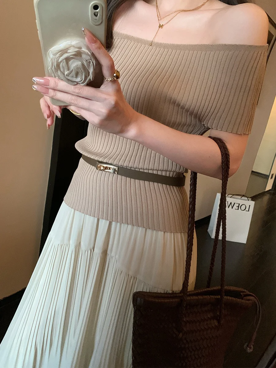 

MUKOK Вязаная эластичная плиссированная юбка на одно плечо ort Sve Heavy Embellied из шифона с большим подолом f-двойка комплект из двух предметов