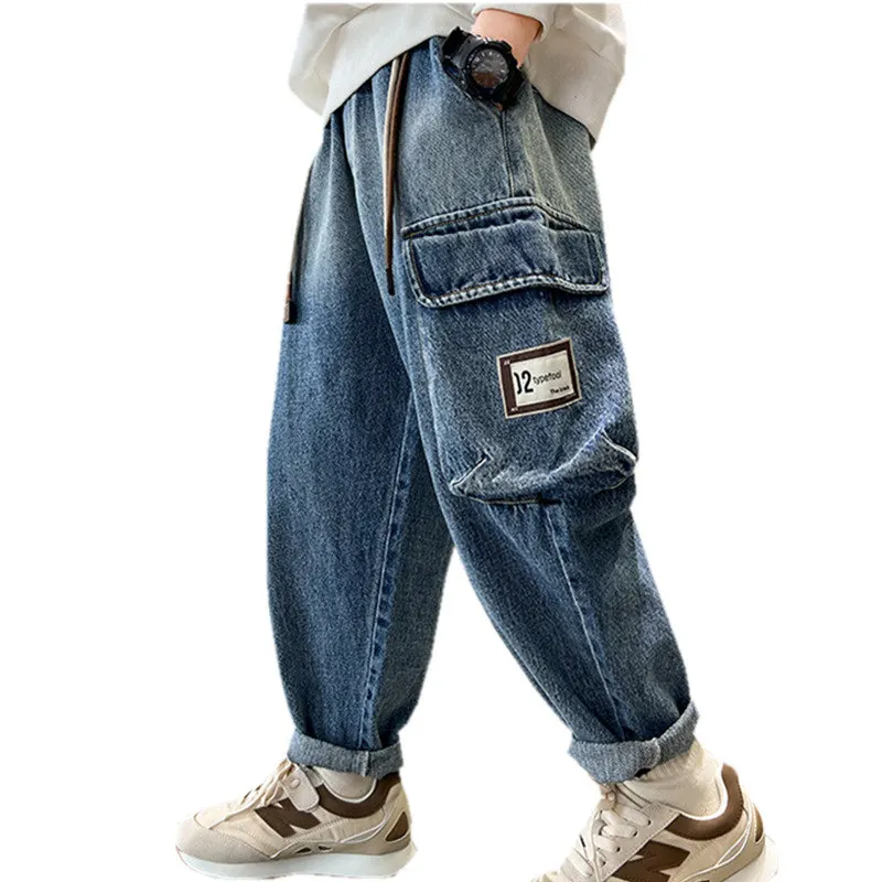 

Spring Autumn Kids Casual Cargo jeans Big Boy Child Fashion Vintage Trousers Cotton Sweatpants Teenage Boys pants 4 14 15