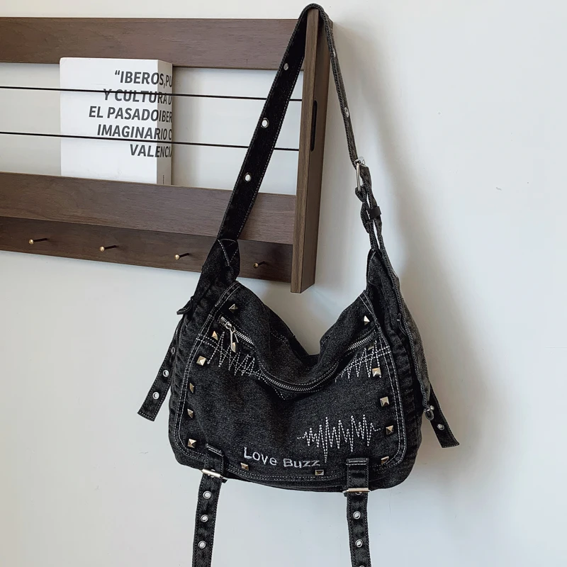 Tiptoegirls الصلبة الدنيم النسيج الإناث الكتف حقيبة ساعي موضة حقيبة كتف للتسوق المسامير خمر حفلة حقيبة المرأة عادية #4