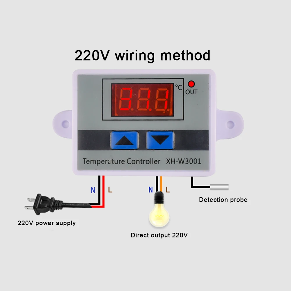 XH-W3001 AC Digital LED Temperature Controller For Incubator Cooling Heating Switch Thermostat NTC Sensor 12V/24V/110V/220V