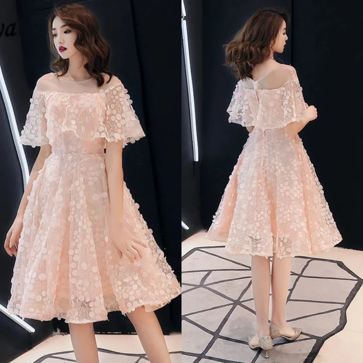 

Prom Dresses Pink Sequins Ruffles O-neck Short Sleeves A-line Knee-length Plus size Women Party Formal Gowns Vestidos De Fiesta