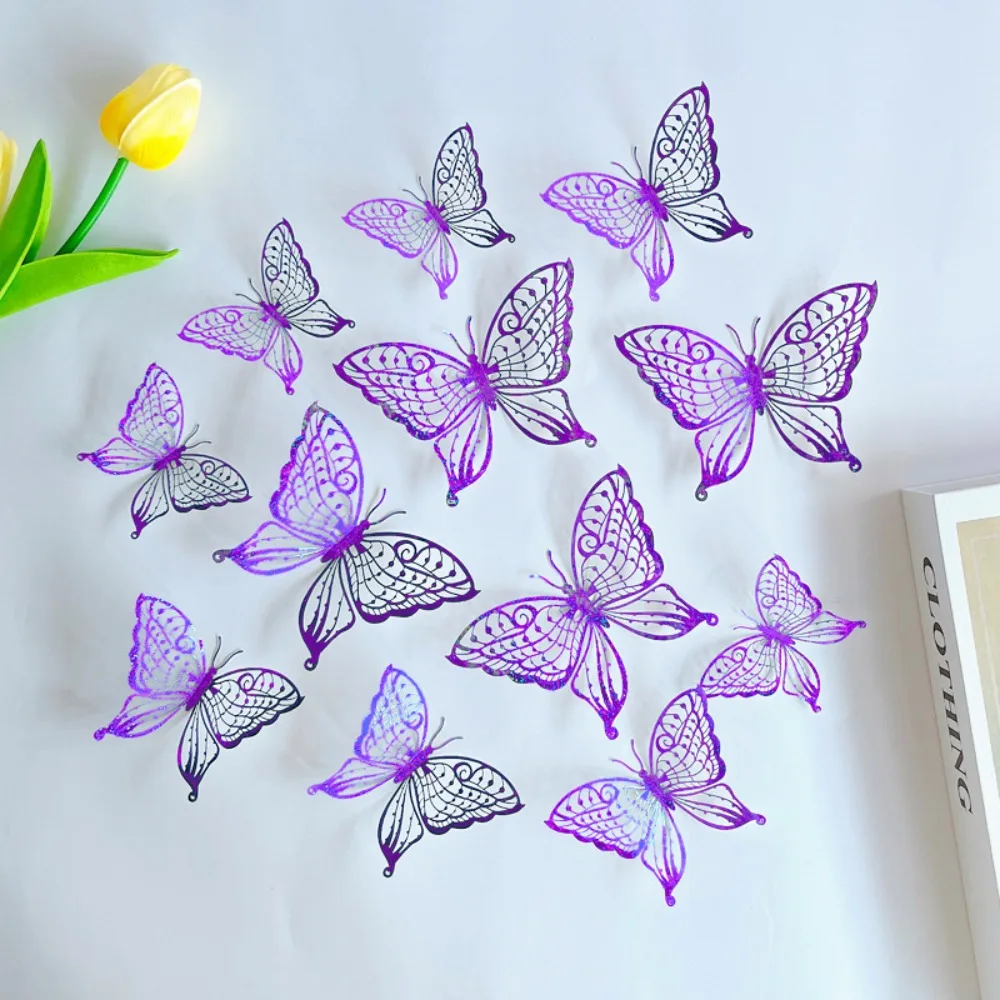 12pcs/set Colorful Hollow Butterfly Sticker Exquisite DIY 3D Butterfly Wall Decor 3 Sizes Cartoon Simulation Butterfly Ornaments