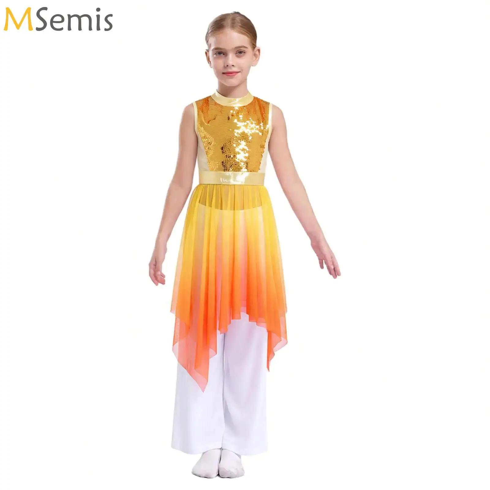 

Kids Girls Liturgical Dance Outfits Sleeveless Asymmetrical Hem Contrast Color Dress Sequin Bodice Tunic with Wide-Leg Pants Set