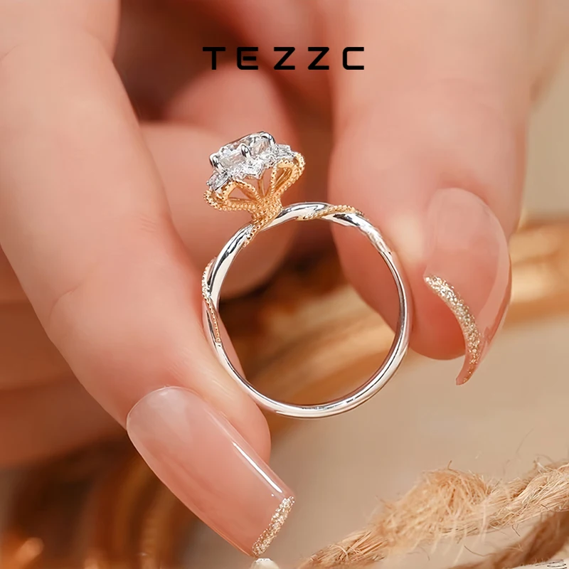 

Tezzc 1ct Moissanite Ring for Women 925 Sterling Silver with Gold Plated Brilliant Lab Diamond Engagement Rings 2024 Trendy