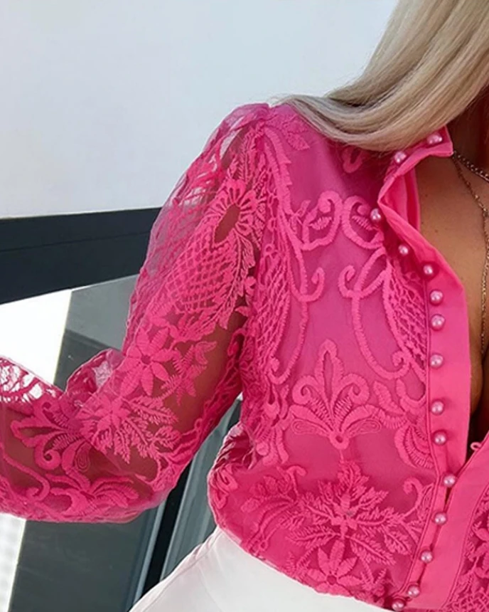 Elegant Women\'s Shirts 2024 Spring New Embroidery Lace Pearls Decor Buttoned Long Sleeved Top Fashion Stand Collar Blouses