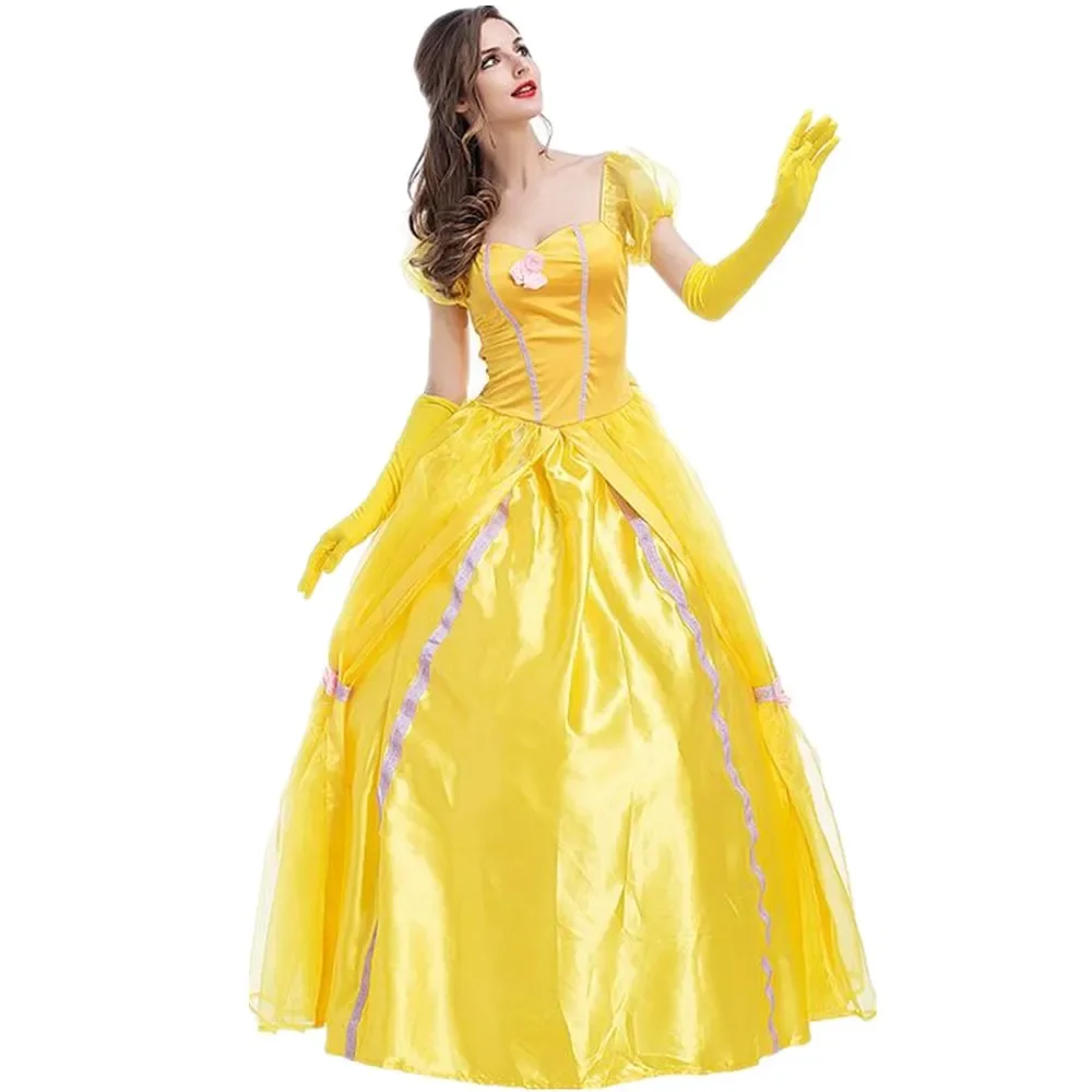 Adult Yellow Beauty And The Beast Princess Belle Costume Halloween Cosplay Party Masquerade Bell Court Queen Roles Suit