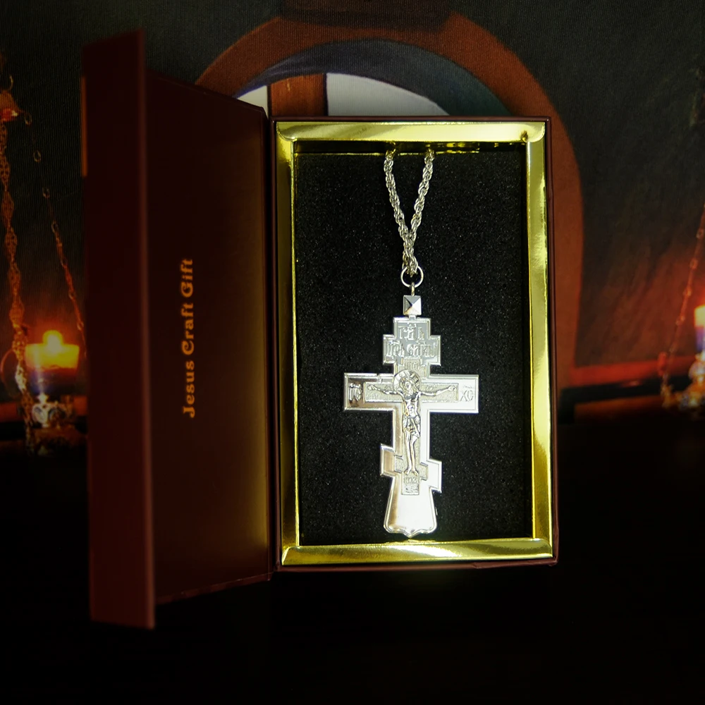 Nouveau Collier Pendentif Croix Orthodoxe 3D, Grand Crucifix Saint Jésus Gravé Or Argent, Bijou Religieux avec Chaîne, Cadeau de Prière pour Homme