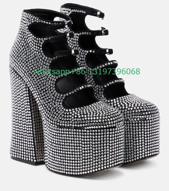 Lady sequins glitter sliver cut-out ankle boots hollow Mary Janes shoes elegant platform muti-buckle strap punk vintage boots 46