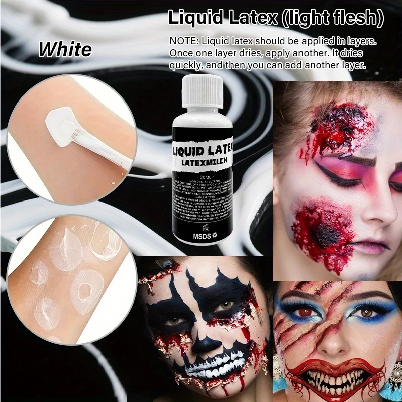 ชุดแต่งหน้าเอฟเฟกต์ฮาโลวีนแบบน้ำ 2 ชิ้น, ลาเท็กซ์ใส เหมาะสำหรับเอฟเฟกต์พิเศษ เช่น แผลเป็น รอยย่น และแผลไหม้ที่ดูสมจริง