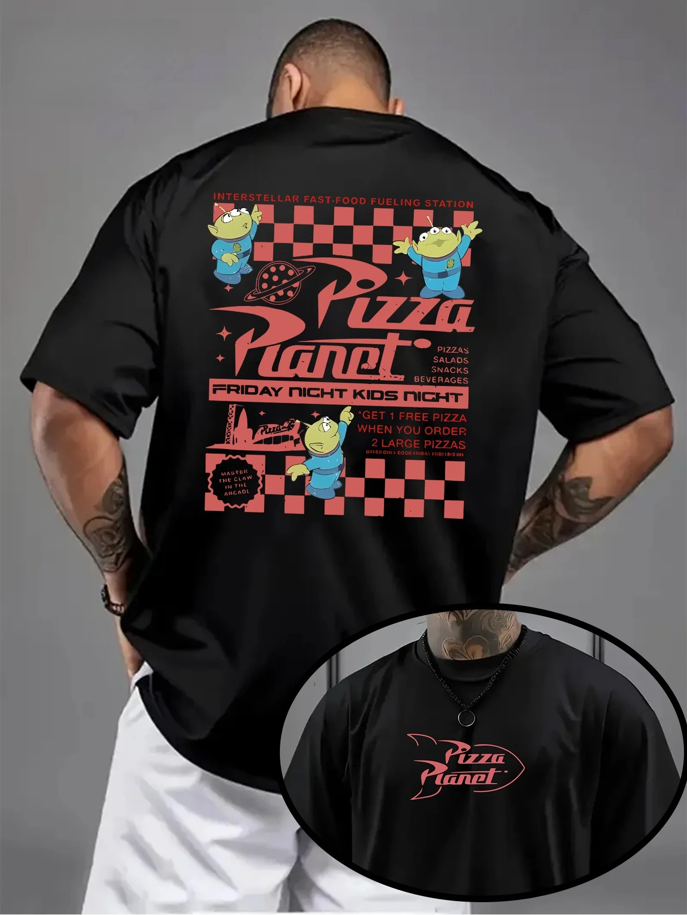 

Disney Pixar Pattern T-shirt Toy Story Pizza Planet Delivery Flyer Men's Short Sleeve Summer Casual Cotton Breathable T-shirt