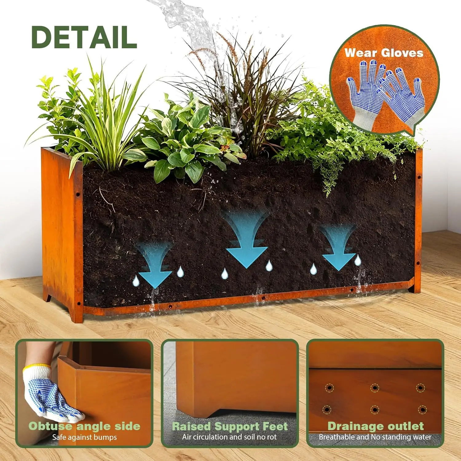 صندوق زراعة فولاذي من كورتن - 32 بوصة × 15 بوصة × 15 بوصة - مزارعات مستطيلة كبيرة للنباتات الخارجية، زارع طويل ريفي شديد التحمل مع مقاس مرتفع #3