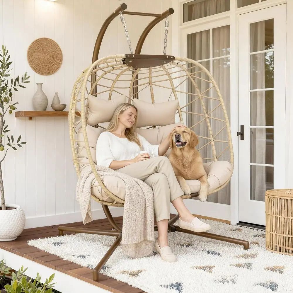 

Подвесное кресло-яйцо на 2 человека с подставкой, для использования в помещении, емкостью 700 фунтов, плетеное двухместное кресло с подушкой, бежевый