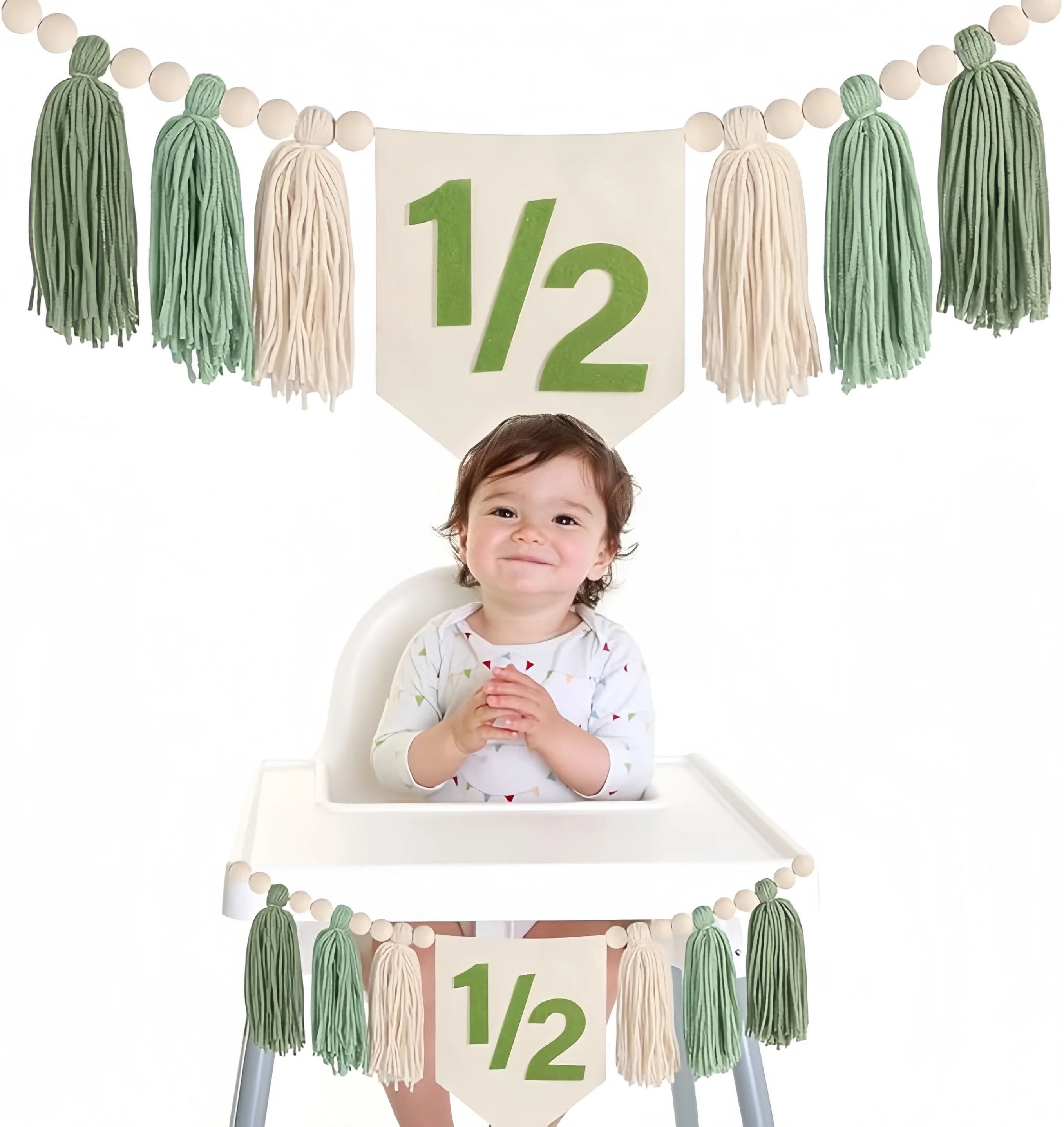 1 Stück 1/2 Geburtstags-Hochstuhl-Banner – Dokuna-Halb-Geburtstagsparty-Dekorationen, handgefertigte Holzperlen-Quastengirlande, Dekoration
