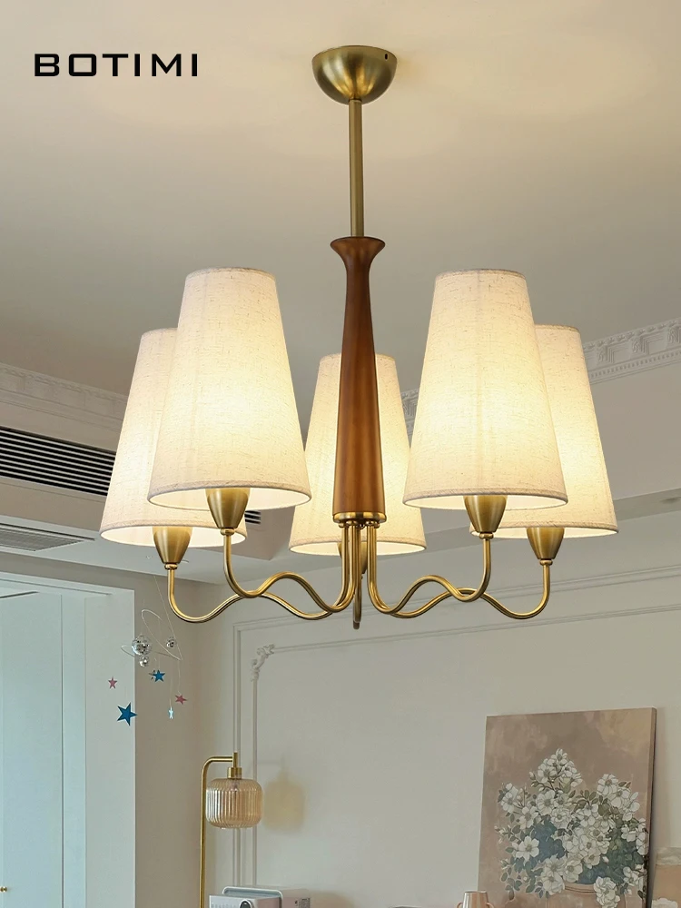 

BOTIMI Wooden Chandelier With Cloth Lampshades For living Room 5 Light Lustres Dining Lights Elegant Bedroom Lamps