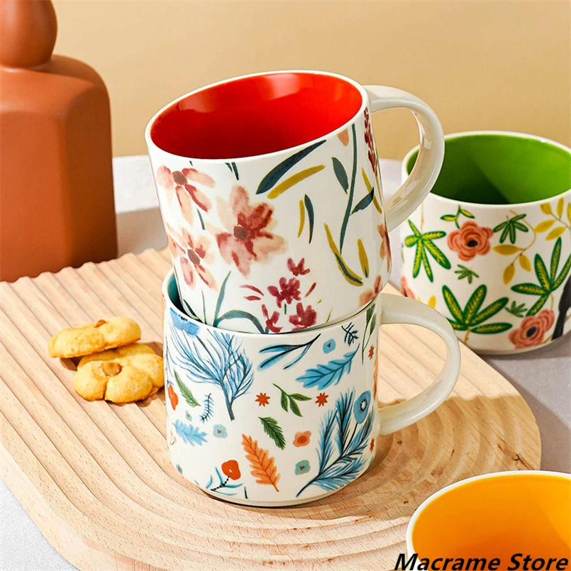 British Pastoral Ceramic Water Cup, Coffee Cup, Household Couple, Handmade Flower and Bird Mug, Office, Instagram Style