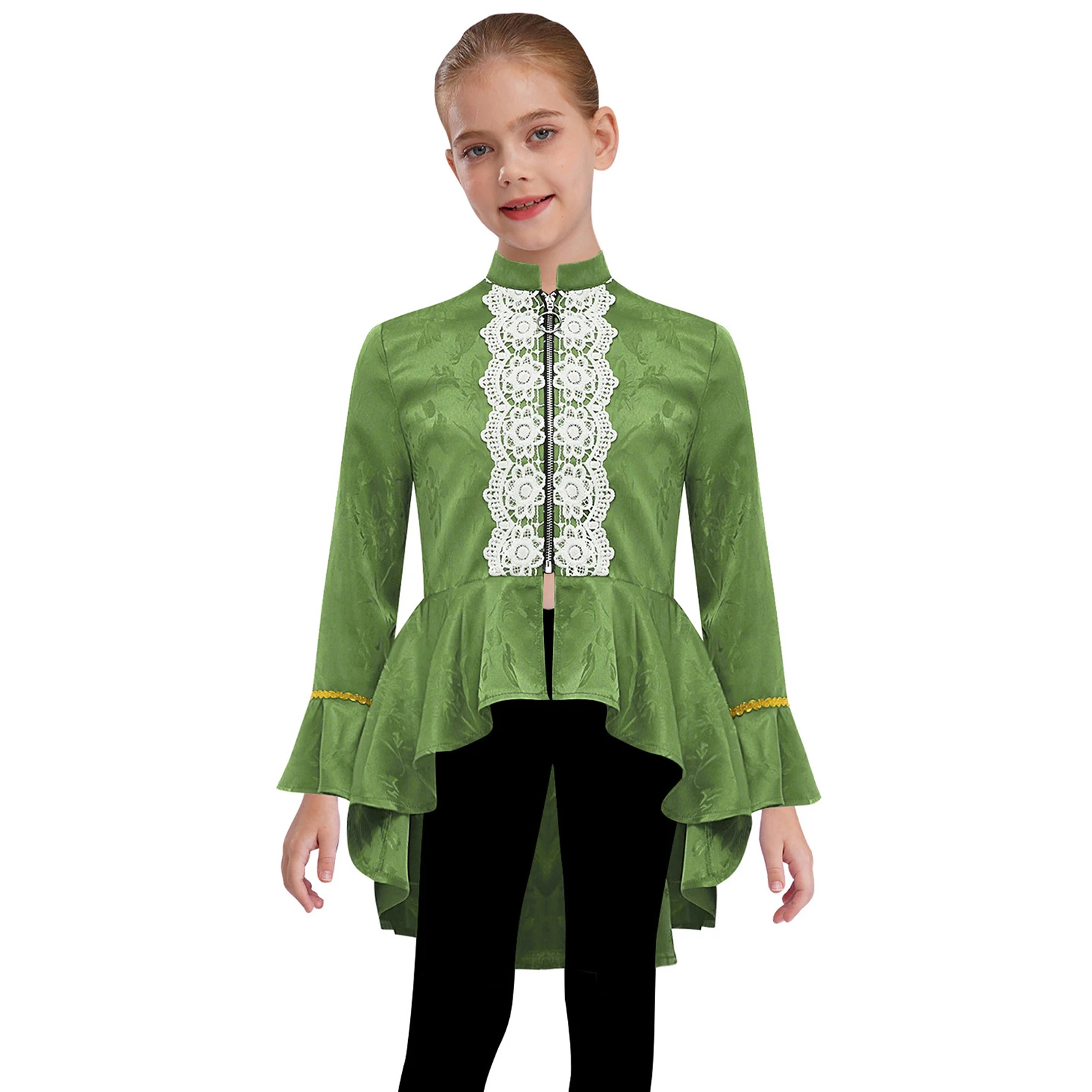 Kids Girls Steampunk Victorian Pirate Gothic Tailcoat Halloween Medieval Renaissance Cosplay Costume Lace Flounce Tuxedo Jacket
