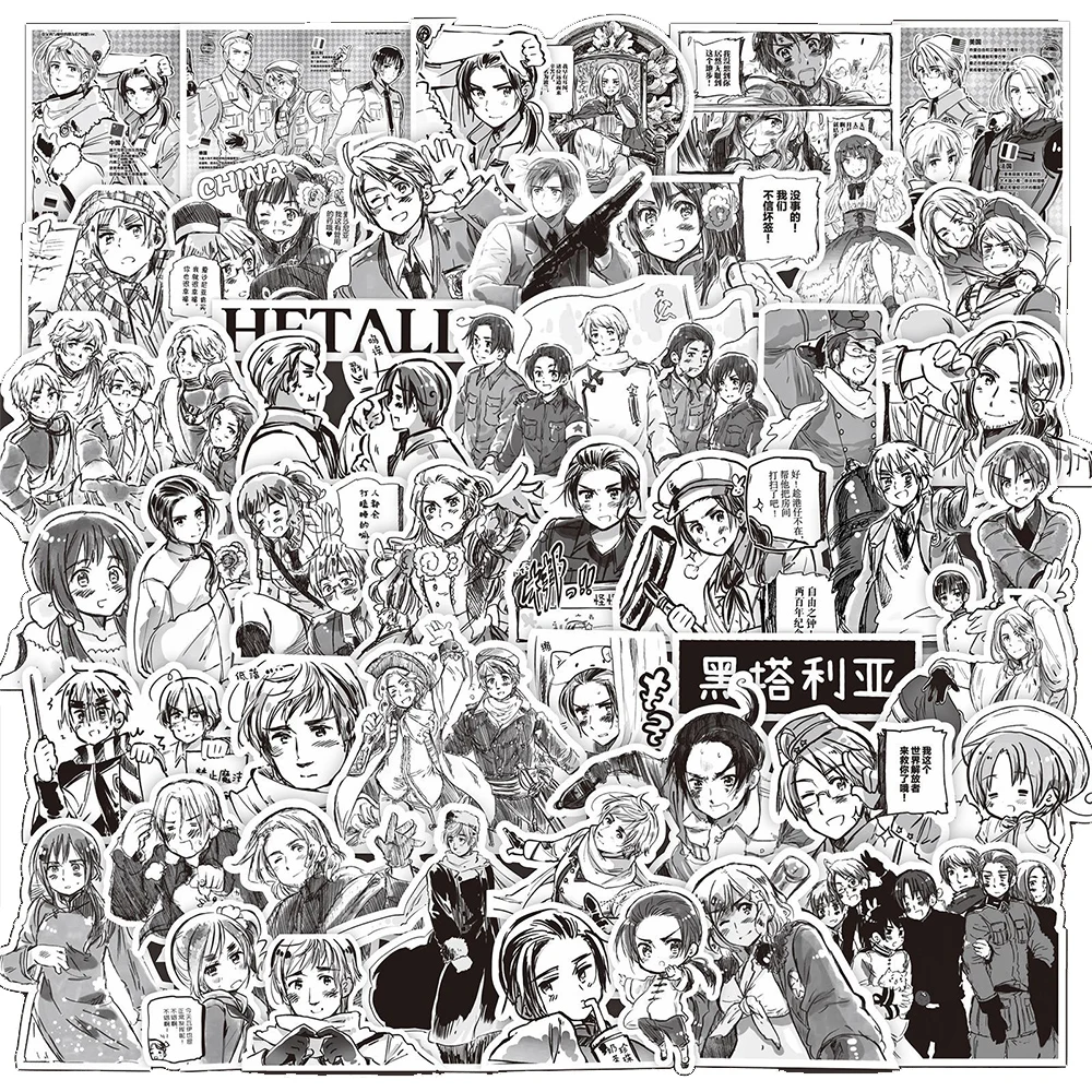 Autocollants waterproof Hetalia Axis Powers, 10/30/75 pièces, stickers, dessin animé, cool, noir, blanc, graffiti, pour ordinateur portable, téléphone