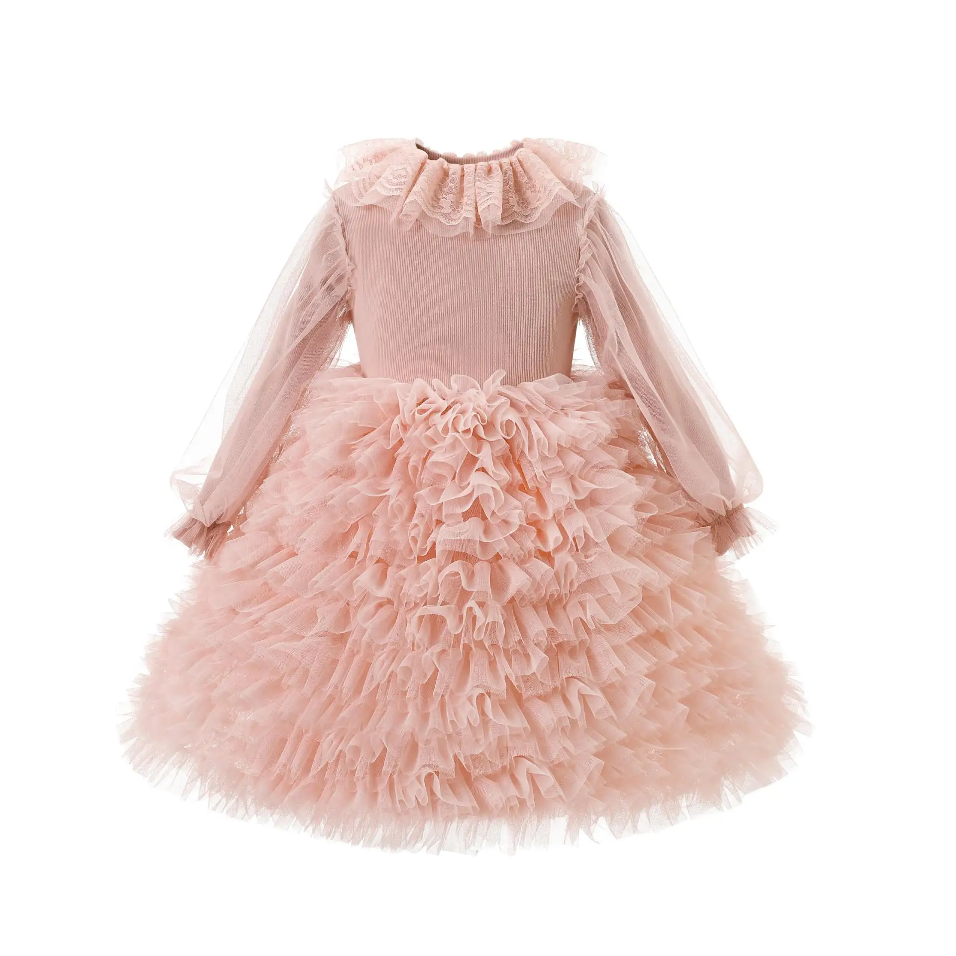 

Pink Cake Princess Dress, Girls' Long Sleeved Autumn and Winter Children's Birthday Dress, Knitted Fluffy Mesh