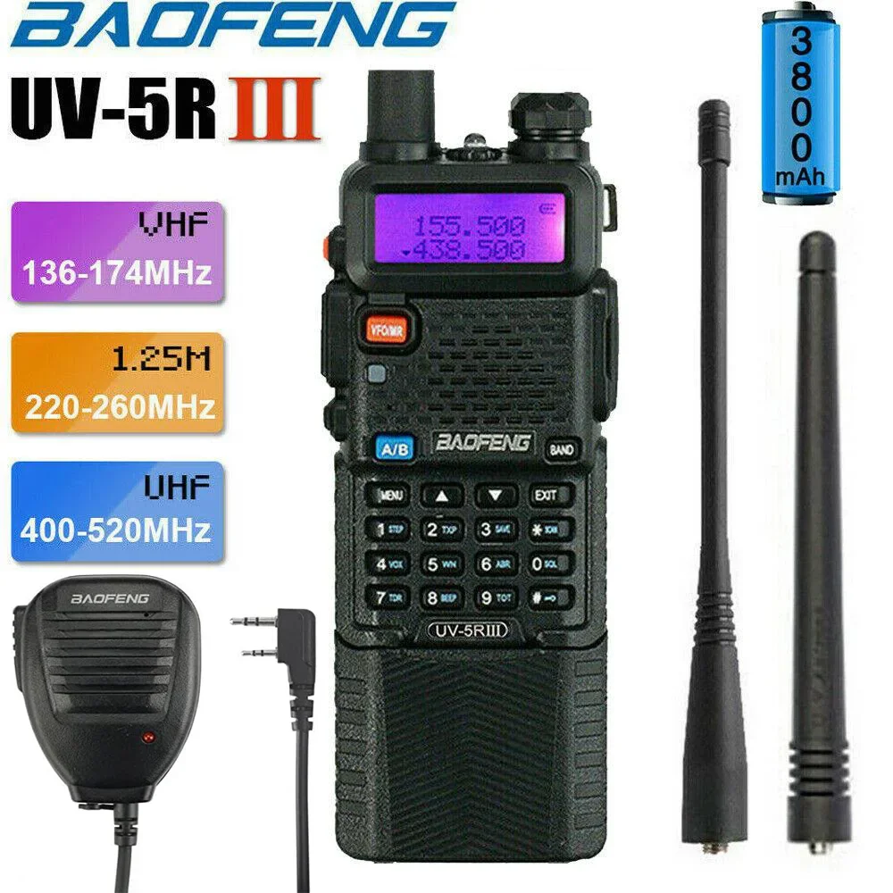 BAOFENG UV-5R III 3800mAh tri-band VHF/UHF Walkie Talkie taşınabilir CB su geçirmez iki yönlü radyo istasyonu HF telsiz iki anten