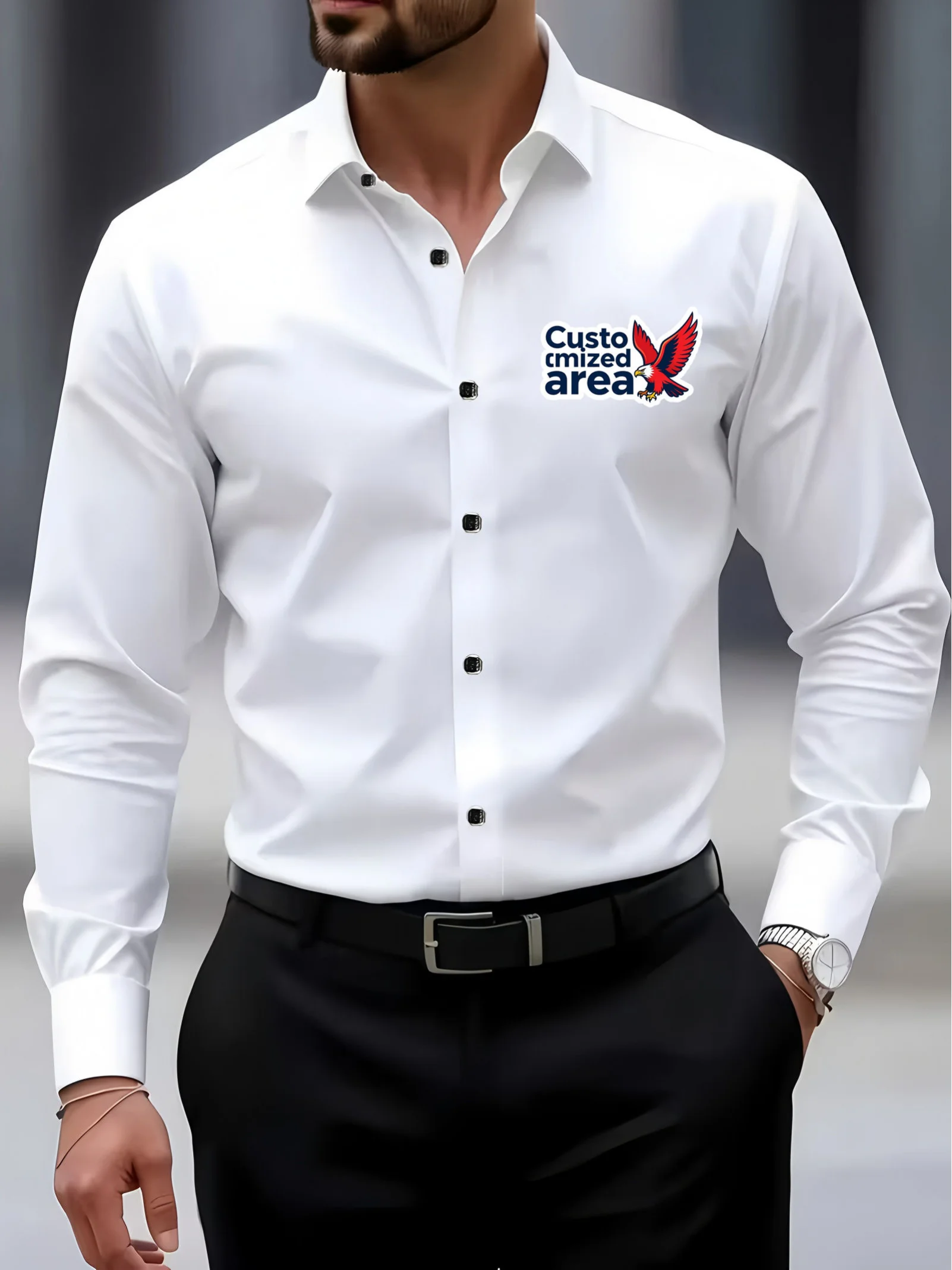 

Men's Customizable Brand Logo/Text Button- Shirt - Pocket-Free Collar Long Sleeve Shirt Suitable for Work & Casual Wear, All- Ve