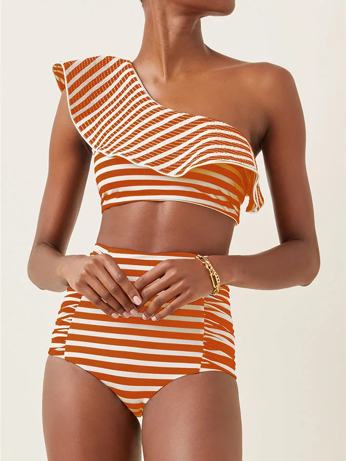 Women\'s Striped Print Ruffle Split Swimsuit One Shoulder Beach Exit Swimwear High Waist Bathing Suits Sexy Backless Style 2023