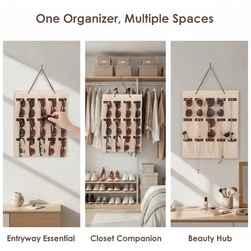 Felt Hanging Sunglasses Storage Organizer 15 Slots Strong Leather Strap Space Saving for Wall Door Closet Daily Use